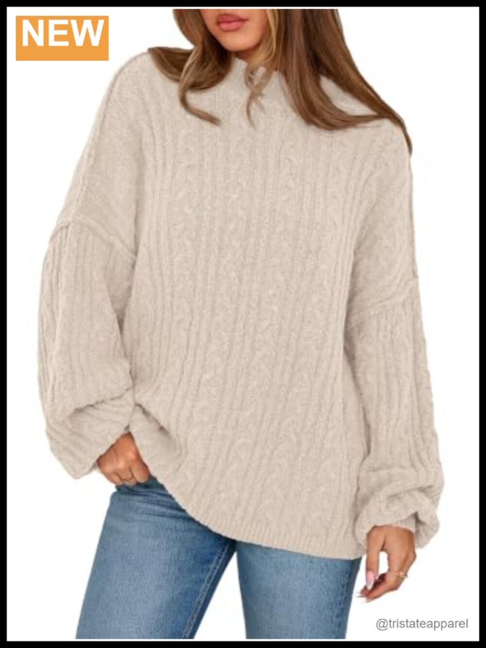 Oversized Cable Knit Pullover Sweater Long Sleeve Crewneck Women's Chunky Knit
